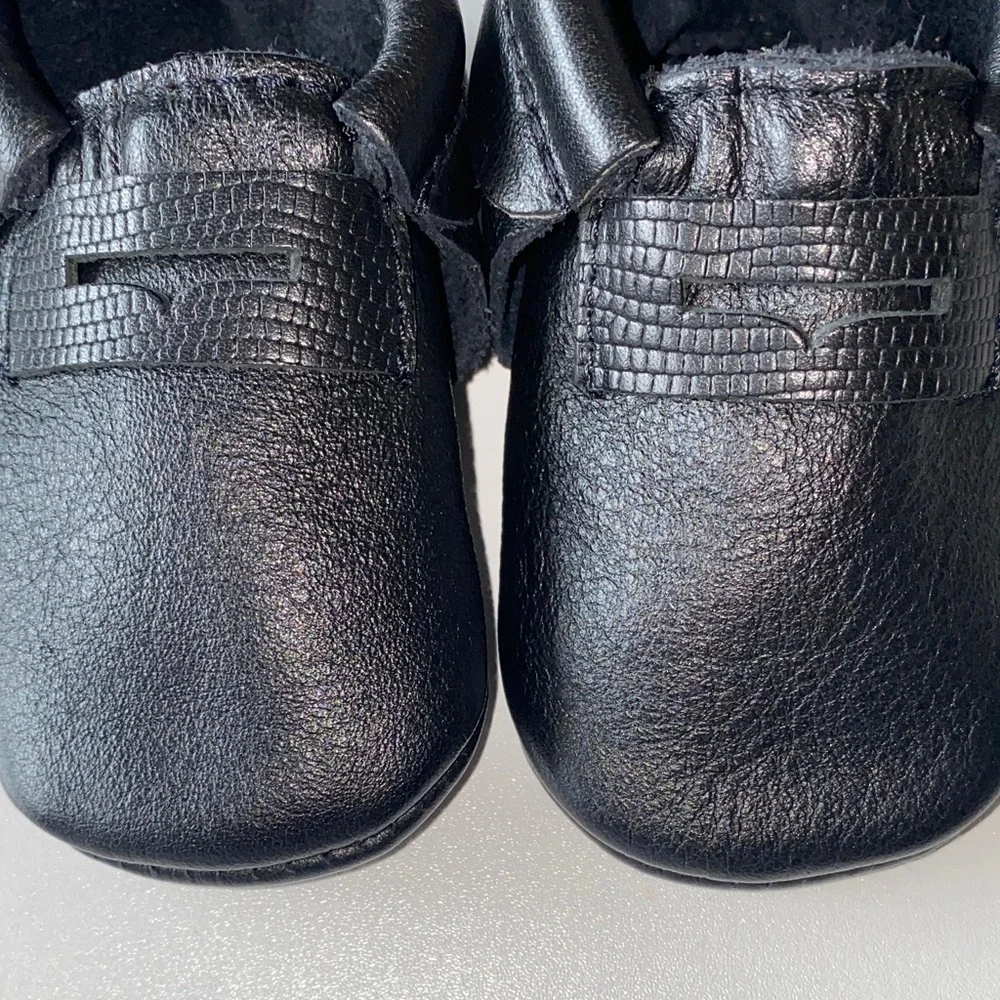 Freshly Picked Midnight Black Baby Leather Penny Loafers. Size 2